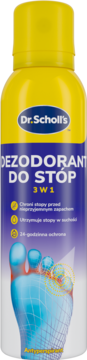 Dr. Scholl's Dezodorant do stóp 3w1 w żółto-niebieskim sprayu, widok z przodu, z grafiką świeżej stopy.