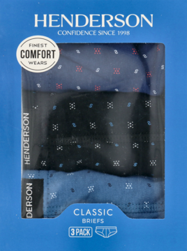 Trójpak męskich majtek Henderson M w niebieskim opakowaniu. Widoczne granatowe, czarne i błękitne slipy we wzory.