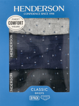 Opakowanie 3-paka slipów męskich Henderson, szare, granatowe i czarne w białe wzory, w niebieskim pudełku.