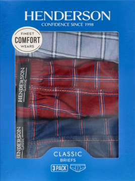 Trójpak męskich bokserek Henderson Classic w kratę: niebieskie, czerwone i jasnoniebieskie, widoczne w pudełku.