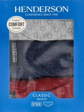 Henderson: Klasyczne slipy męskie 3-pak w niebieskim opakowaniu. Widoczne szare, granatowe i czerwone sztuki.