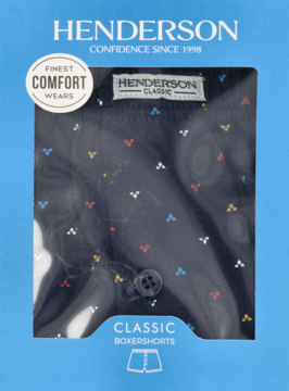 Granatowe bokserki męskie Henderson z kolorowym wzorem i guzikiem, widoczne w niebieskim opakowaniu z okienkiem.