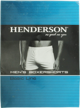 Bokserki męskie Henderson w białym kolorze, widoczne na granatowym opakowaniu z modelem i napisem ‘Basic Line’.
