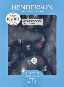 Ciemnoniebieskie bokserki męskie Henderson XL z białym i czerwonym wzorem, widoczne w jasnoniebieskim pudełku.