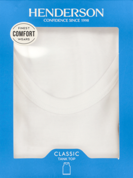Biały klasyczny podkoszulek męski Henderson, widoczny przez okienko niebieskiego pudełka z napisem.