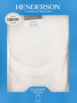Biały podkoszulek męski Henderson Classic rozm. L w niebieskim pudełku z okienkiem, widok z przodu.