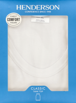 Biały podkoszulek Henderson Classic, rozmiar XL, w niebieskim opakowaniu z okienkiem, widok z przodu.