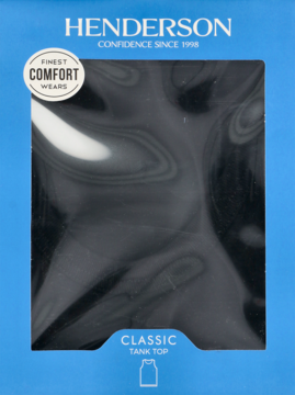 Niebieskie opakowanie podkoszulka Henderson Classic Tank Top z okienkiem i etykietą "Finest Comfort Wears", widok z przodu.