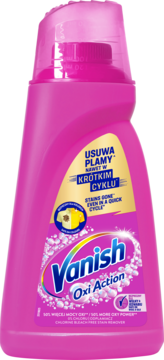 Różowa butelka płynu Vanish Oxi Action, odplamiacza do tkanin usuwającego plamy w krótkim cyklu, widok z przodu.