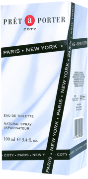Damska woda toaletowa Pret-a-Porter Coty 100ml, białe pudełko z czarnymi, ukośnymi pasami 'PARIS NEW YORK'.