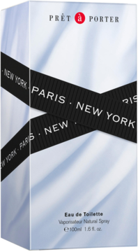 Pret-a-Porter damska woda toaletowa w białym opakowaniu z czarnymi paskami NEW YORK-PARIS, widok z przodu.