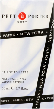 Front view of Coty Prêt à Porter Eau de Toilette 50ml box, white with black/red text and Paris New York bands.