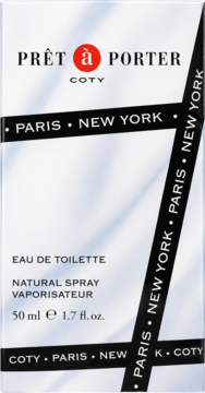 Białe pudełko Pret-a-Porter Eau de Toilette 50ml, z czarnymi napisami, czerwoną kropką i wstążkami, z przodu.