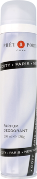 Biały dezodorant w sprayu Prêt à Porter Coty 200 ml, z czerwonym logo i napisem Parfum Deodorant.