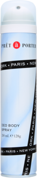 Prêt à Porter Deo Body Spray 200ml, biało-niebieski aerozol z napisami miast, widok z przodu pod kątem.