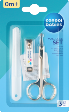 Zestaw Canpol Babies do manicure 0m+ dla niemowląt: nożyczki, obcinacz i pilnik, widok z przodu w blistrze.