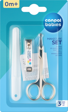 Zestaw Canpol Babies do manicure 0m+ dla niemowląt: nożyczki, obcinacz i pilnik, widok z przodu w blistrze.