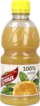 Toma 100% sok pomarańczowy, butelka z żółtym korkiem. Etykieta z logo Toma i pomarańczą. Widok z przodu.