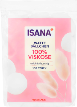 Różowe opakowanie Isana Wacików kosmetycznych 100% Wiskoza, 100 sztuk, widok z przodu, z białymi wacikami.