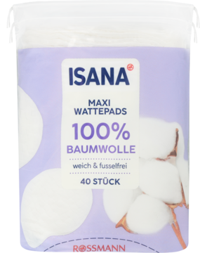 Isana Maxi Wattepads, 100% bawełny, miękkie płatki kosmetyczne w biało-fioletowym opakowaniu, widok z przodu.