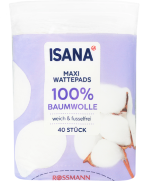 Isana Maxi, 100% bawełniane płatki kosmetyczne w fioletowo-białym opakowaniu Rossmann, widok z przodu.