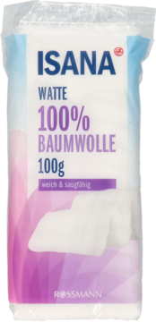 Opakowanie ISANA Wata 100% bawełniana, 100g, z fioletowymi i niebieskimi akcentami, widok z przodu.