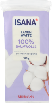 Isana Wata Bawełniana 100%, 100g, wybielana bezchlorowo, w białym opakowaniu z fioletowym motywem, widok z przodu.