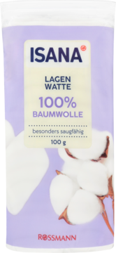 ISANA Lagen Watte, 100% bawełna, 100 g, biało-fioletowe opakowanie z logo Rossmann i motywem bawełny.