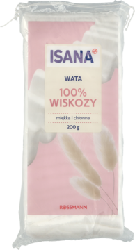 Isana wata 100% wiskozy w przezroczystej folii z różowo-białą etykietą, widok z przodu. Miękka i chłonna, 200g.