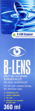 B-LENS płyn do soczewek kontaktowych do oczu wrażliwych, niebieskie opakowanie 360 ml, przód.