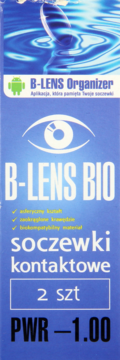 B-LENS BIO soczewki kontaktowe PWR -1.00, 2 sztuki, na niebieskim opakowaniu z ikona oka, widok z przodu.