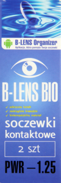 Niebieskie opakowanie soczewek B-LENS BIO, 2 szt., PWR -1.25, z logotypem oka i ikoną Androida.