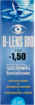 Opakowanie miesięcznych soczewek B-LENS BIO -1,50 PWR, niebieskie z kroplą wody i okiem, widok z przodu.