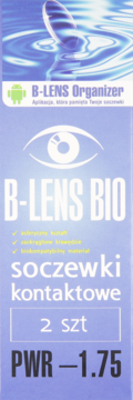 Niebieskie opakowanie B-LENS BIO z 2 soczewkami kontaktowymi o mocy -1.75. Opisano asferyczny, biokompatybilny materiał.