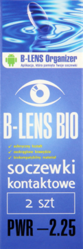 Niebieskie opakowanie soczewek B-LENS BIO PWR -2.25, 2 szt., asferyczne, biokompatybilne. Widok z przodu.