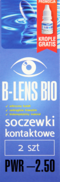 Front niebieskiego opakowania soczewek B-LENS BIO -2.50, 2 szt., z promocją "Krople gratis" i ikoną oka.
