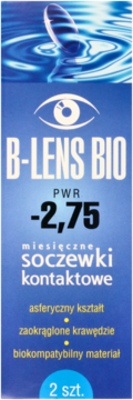 B-Lens Bio miesięczne soczewki kontaktowe o mocy -2,75, 2 szt. w niebieskim opakowaniu, widok z przodu.