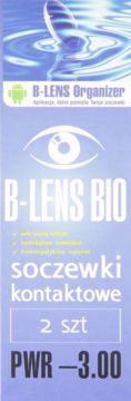 Pionowy baner reklamowy B-LENS BIO: 2 soczewki kontaktowe asferyczne, moc -3.00. Niebieskie tło z okiem i wodą.