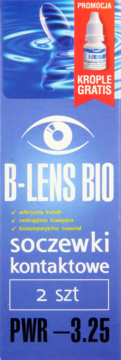 Niebieskie opakowanie soczewek asferycznych B-LENS BIO, 2 szt. o mocy -3.25, z gratisowymi kroplami.