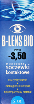 Niebieskie opakowanie B-LENS BIO, miesięczne soczewki kontaktowe PWR -3,50, asferyczne, 2 szt.