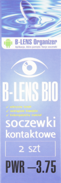 Jasnoniebieskie opakowanie B-LENS BIO soczewek kontaktowych, z okiem i opisem PWR -3.75, 2 szt.