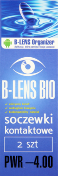 Niebieskie opakowanie soczewek B-LENS BIO -4.00, 2 sztuki, z asferycznym kształtem, widok z przodu.