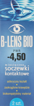 2 szt. asferycznych miesięcznych soczewek B-LENS BIO PWR -4.50, z bio-materiału, w niebieskim opakowaniu.