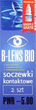 Niebieskie opakowanie soczewek kontaktowych B-Lens Bio PWR -5.00 (2 szt.), widok z przodu, z promocją kropli gratis.