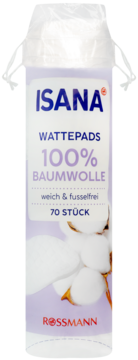 Białe plastikowe opakowanie Isana Wattepads, 100% bawełny, 70 sztuk, widok z przodu z grafiką bawełny.