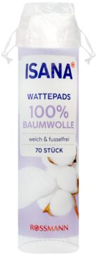 Białe plastikowe opakowanie Isana Wattepads, 100% bawełny, 70 sztuk, widok z przodu z grafiką bawełny.