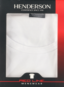 Biała koszulka męska Henderson w czarnym opakowaniu Red Line Menswear z oknem, widok z przodu pudełka.