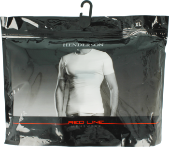 Zapakowana męska koszulka Henderson Red Line XL. Biały T-shirt widoczny przez czarne opakowanie z wieszakiem.