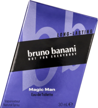 Fioletowo-czarne pudełko długotrwałej wody toaletowej Bruno Banani Magic Man 30ml, widok z przodu pod kątem.