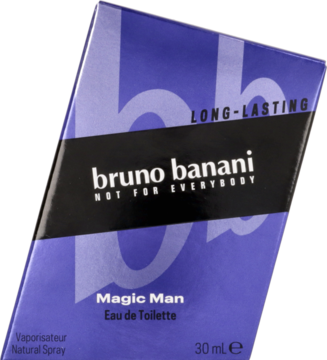 Fioletowo-czarne pudełko długotrwałej wody toaletowej Bruno Banani Magic Man 30ml, widok z przodu pod kątem.